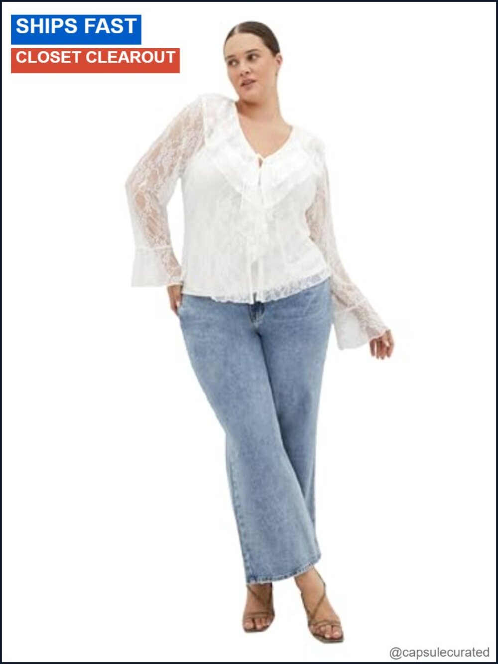 Plus Size V-Neck Ruffle Tie Top with Bell Sleeves & Lace Mesh Sheer Cami